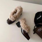 Damen modische Stiefeletten mit kuscheligem Fellkragen und robustem Blockabsatz R&B