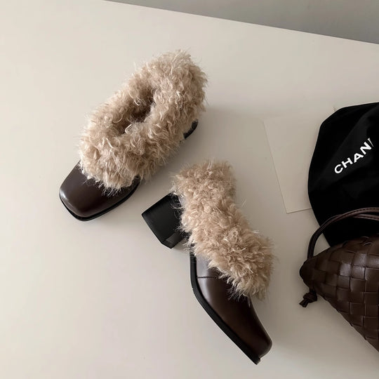 Damen modische Stiefeletten mit kuscheligem Fellkragen und robustem Blockabsatz R&B