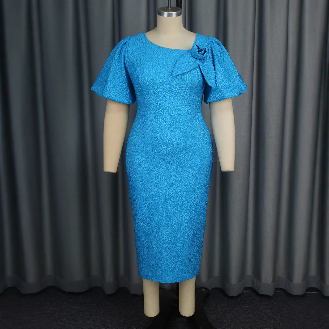 Damen elegantes Etuikleid mit fließenden Puffärmeln und Blumenapplikation R&B