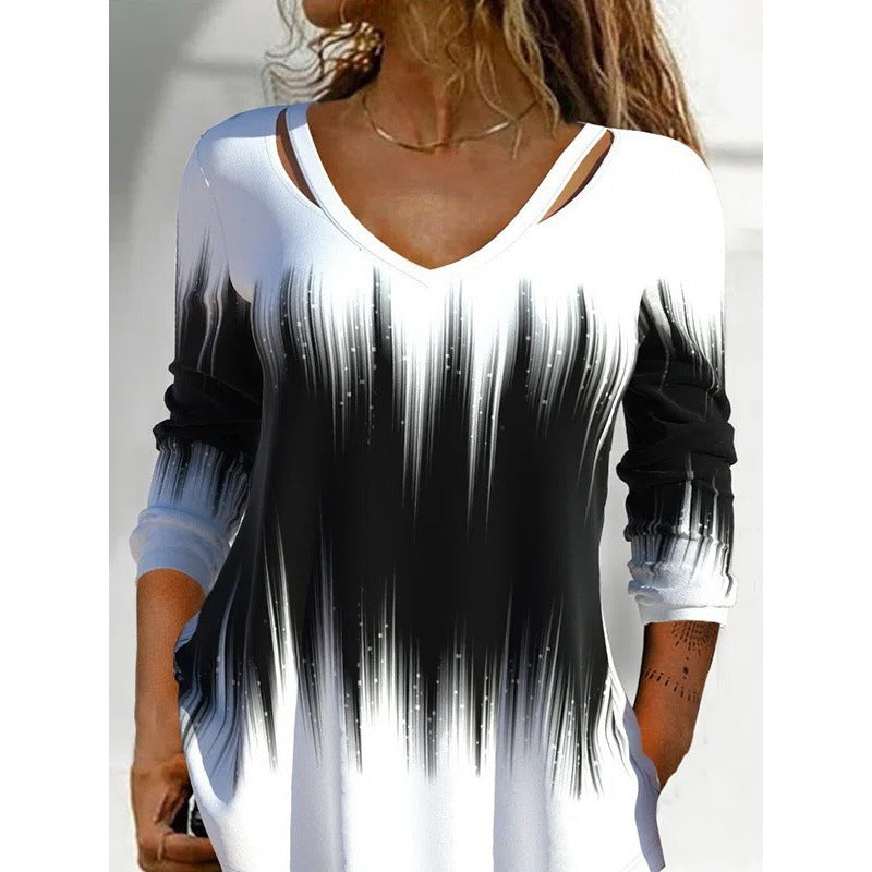 Damen Langarmshirt mit modischem V-Ausschnitt und einzigartigem Farbverlauf R&B