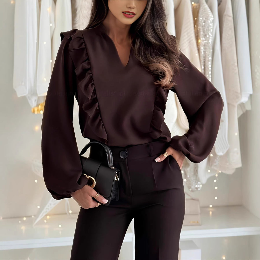 Damen elegant geschnittene Bluse mit Rüschendetails und V-Ausschnitt R&B