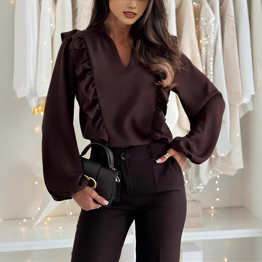 Damen elegant geschnittene Bluse mit Rüschendetails und V-Ausschnitt R&B