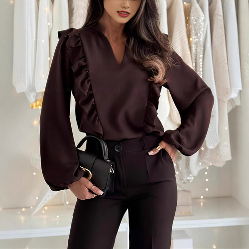 Damen elegant geschnittene Bluse mit Rüschendetails und V-Ausschnitt R&B