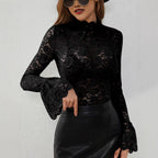 Damen nan transparente Spitzenbluse mit Stehkragen und Trompetenärmeln R&B