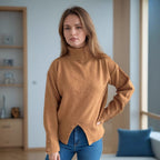 Damen modischer Rollkragenpullover mit Knopfdetails und asymmetrischem Saum R&B