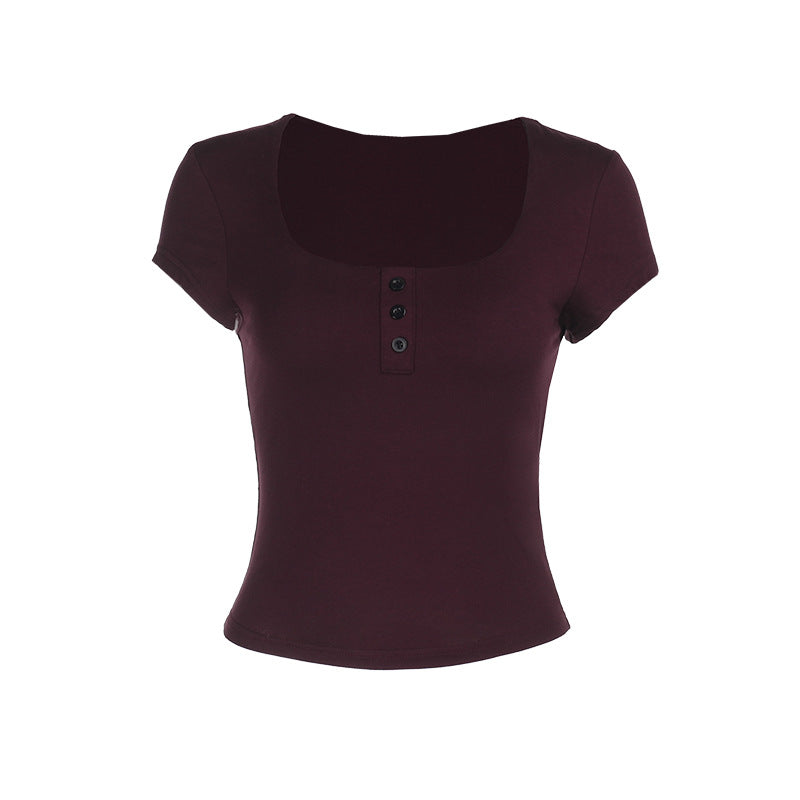 Damen figurbetontes Kurzarmshirt mit tiefem Rundhalsausschnitt und modischer Knopfleiste EB
