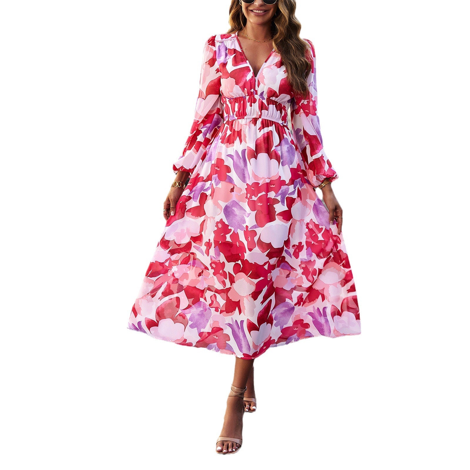 Damen Midi-Kleid mit floralem Druck und elastischem Tailleneinsatz R&B