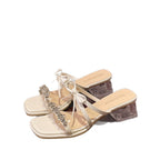 Damen glamouröse Sandalen mit funkelnden Strassdetails und transparentem Blockabsatz EB
