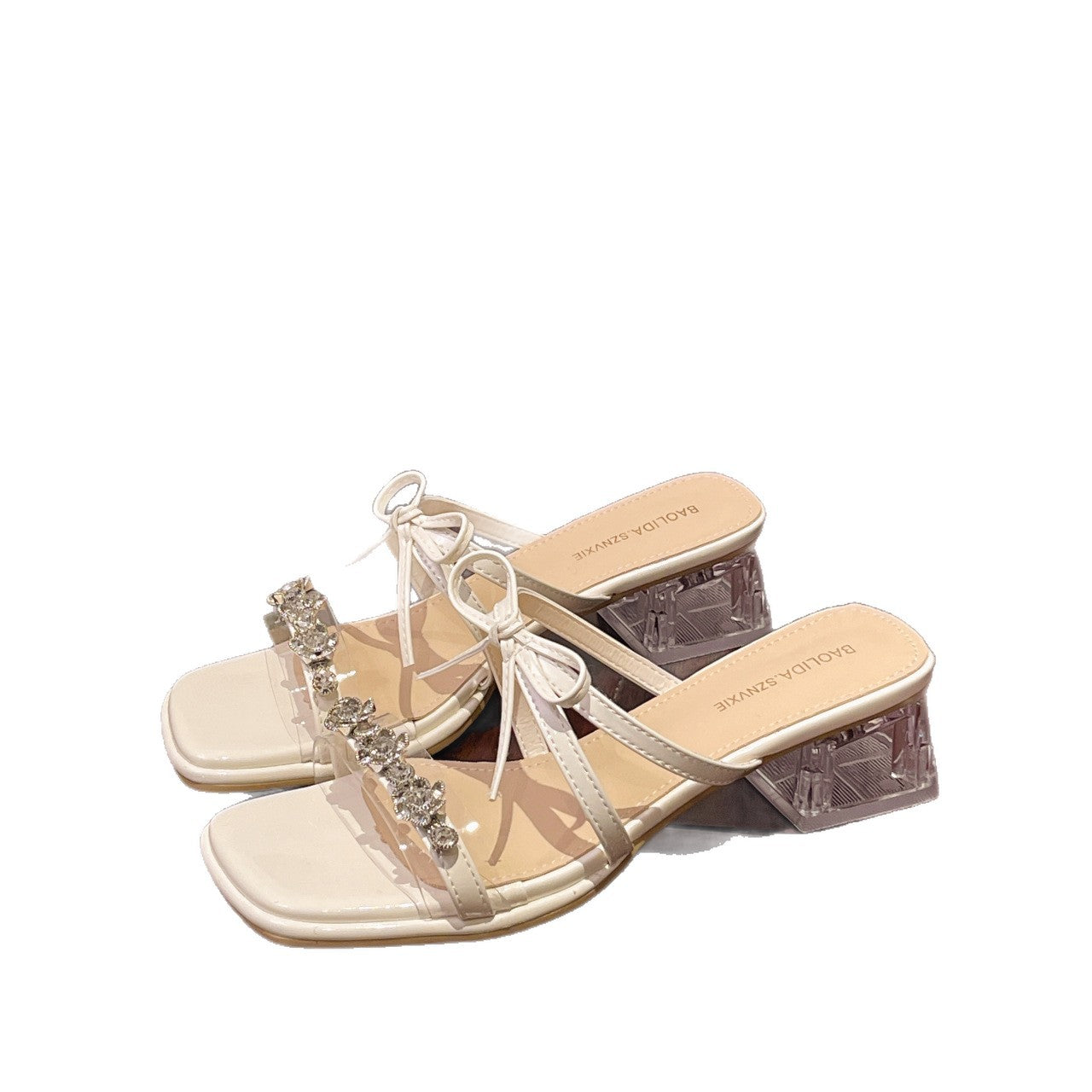 Damen glamouröse Sandalen mit funkelnden Strassdetails und transparentem Blockabsatz EB