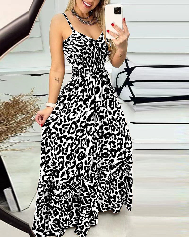 R&B | Kleid mit Leopardenmuster und Hosenträgern mit V-Ausschnitt