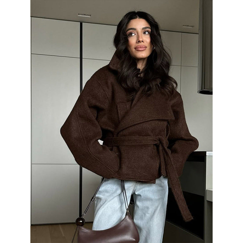 Damen Oversized Wolljacke mit modischem Gürtel und praktischem Knopfdetail R&B