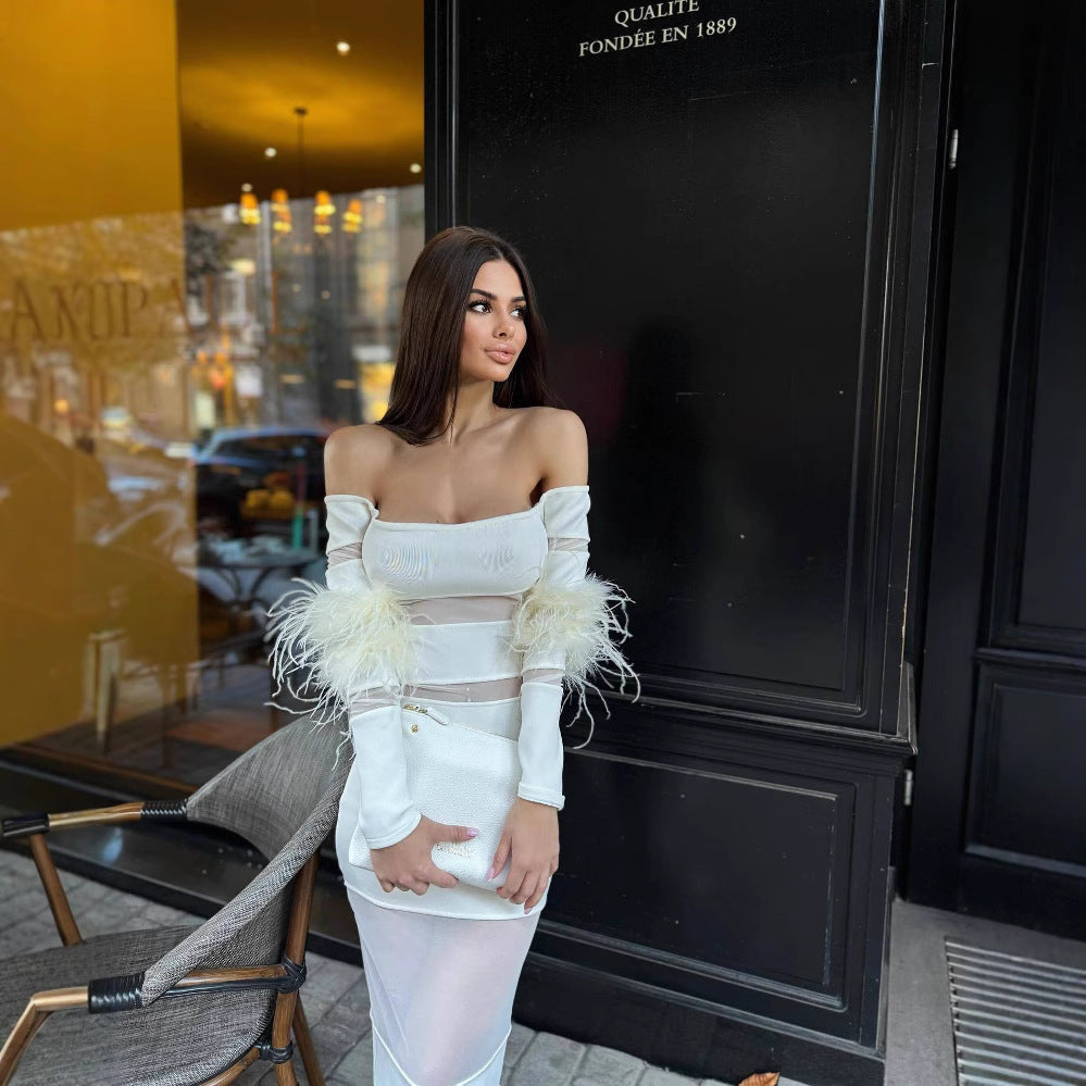 Damen Elegantes Kleid mit transparenten Einsätzen und federverzierten Ärmeln R&B