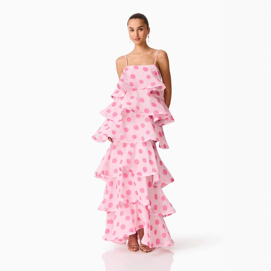 Damen Maxikleid mit verspielten Rüschen und Punkten R&B