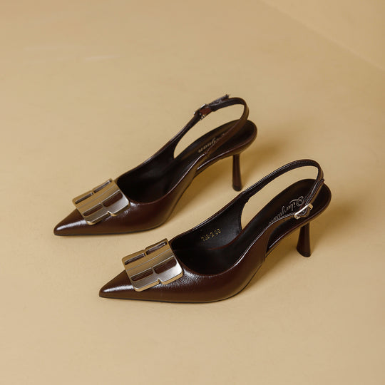 Damen Slingback-Mules mit eleganter Spitzenform und glänzender Schnallenapplikation R&B