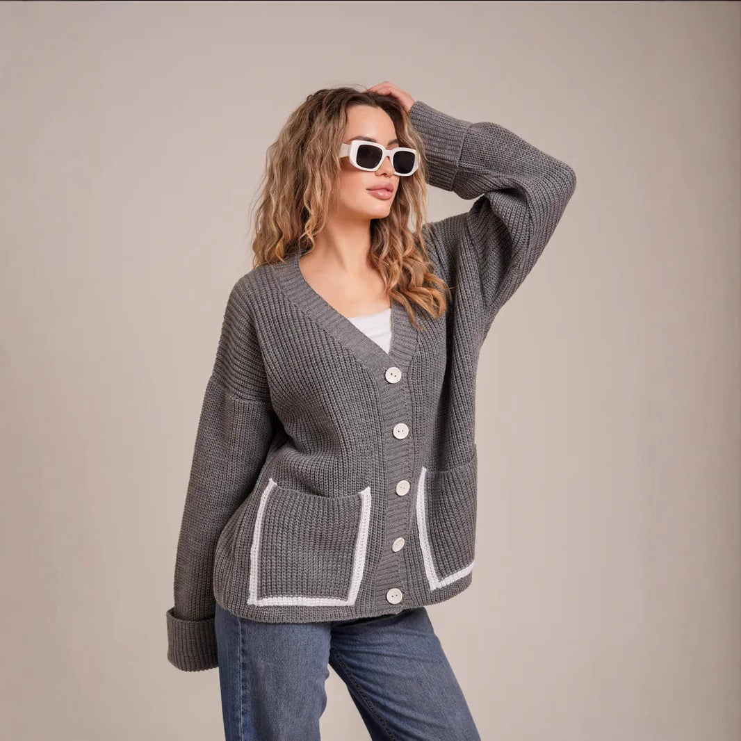 Damen Strickjacke mit großem Kragen und Taschen R&B