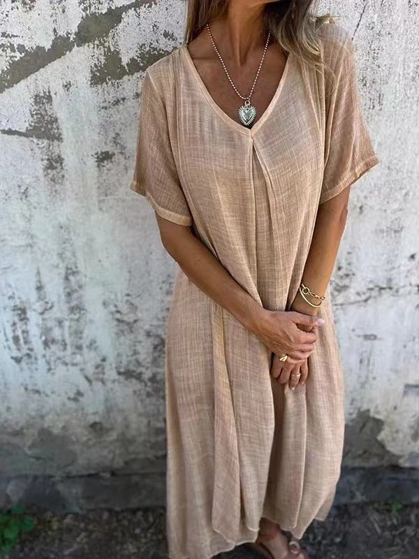 Damen Luftiges Leinenmaxikleid mit V-Ausschnitt und weit schwingendem Saum R&B