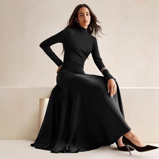Damen Elegantes Langarm Maxikleid mit hohem Kragen und fließendem Rock R&B