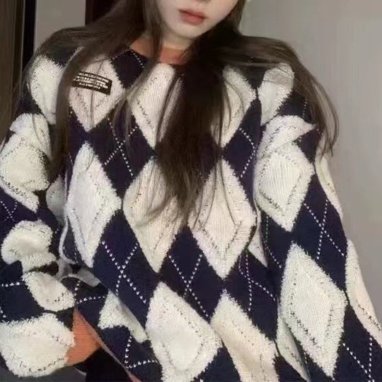 Damen Flauschiger Pullover mit modernem Rhombenmuster und lässigem Schnitt R&B