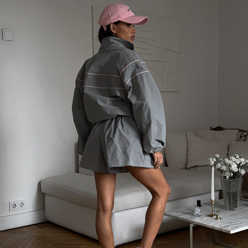 Damen nan Oversize Windbreaker-Set mit Taillenzug und hochgeschnittenen Shorts R&B
