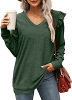 Damen V-Ausschnitt Langarmshirt mit Rüschendetails und lockerem Schnitt R&B