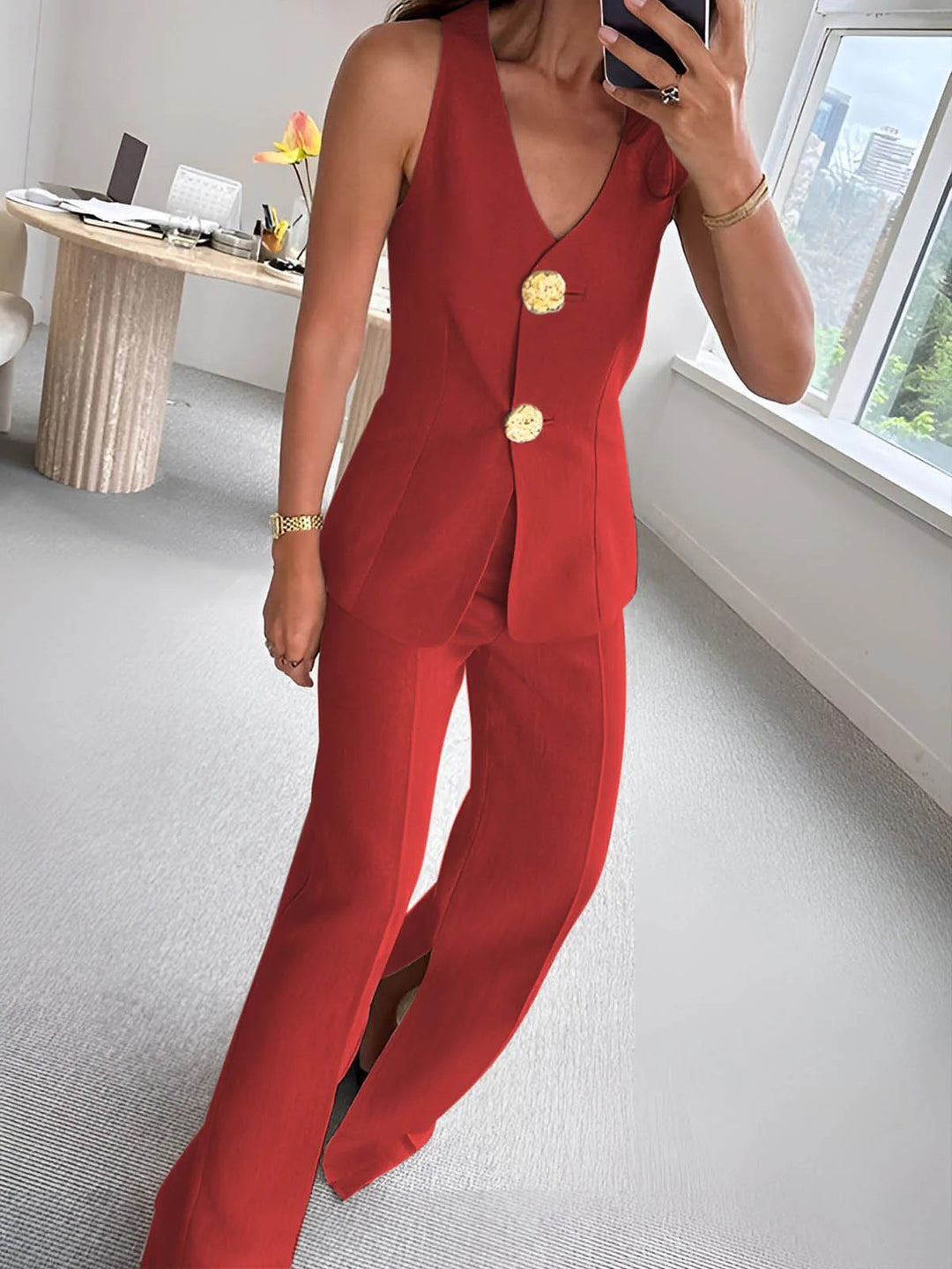 Damen elegantes Jumpsuit mit vordere Knopfleiste und weitem Bein R&B