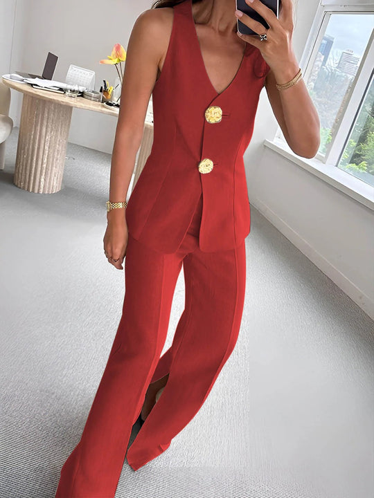 Damen elegantes Jumpsuit mit vordere Knopfleiste und weitem Bein R&B