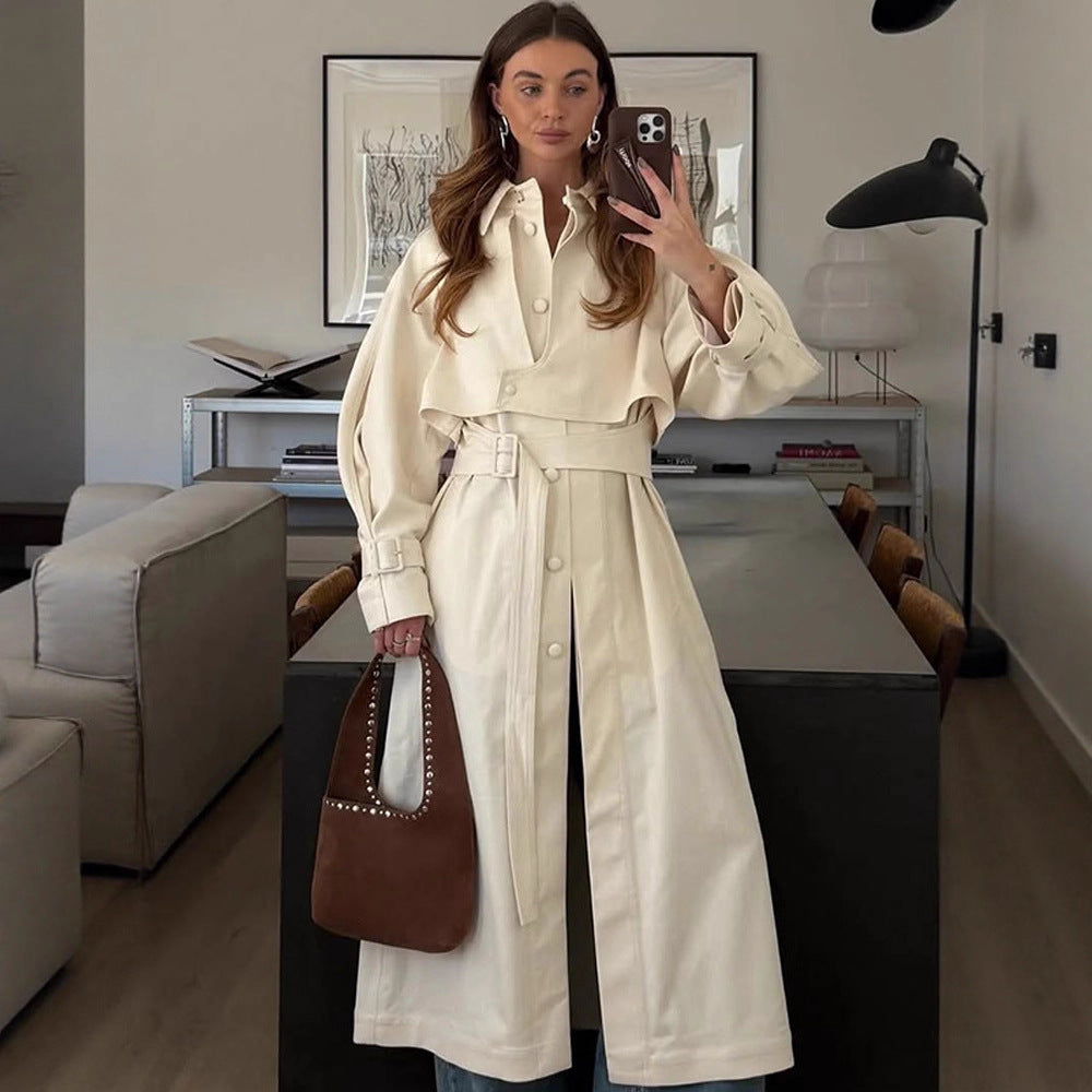 Damen Langer Trenchcoat mit breitem Kragen und taillierbarem Gürtel R&B