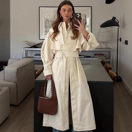 Damen Langer Trenchcoat mit breitem Kragen und taillierbarem Gürtel R&B