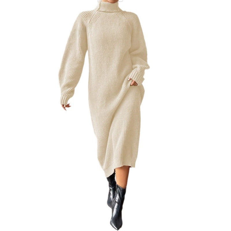 Damen Strickkleid mit hohem Kragen und weiten Ärmeln R&B