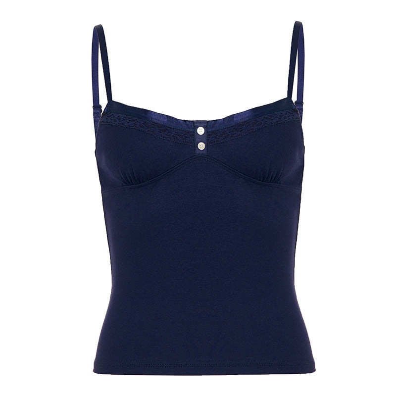 Damen Spaghetti-Trägertop mit eleganter Spitzenlage und Knopfleiste R&B