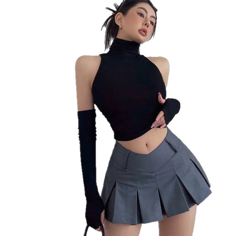 Damen Langarm Crop-Top mit Stehkragen und figurbetontem Schnitt R&B
