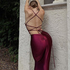 Damen Elegantes Satin-Maxikleid mit verführerischem V-Ausschnitt R&B