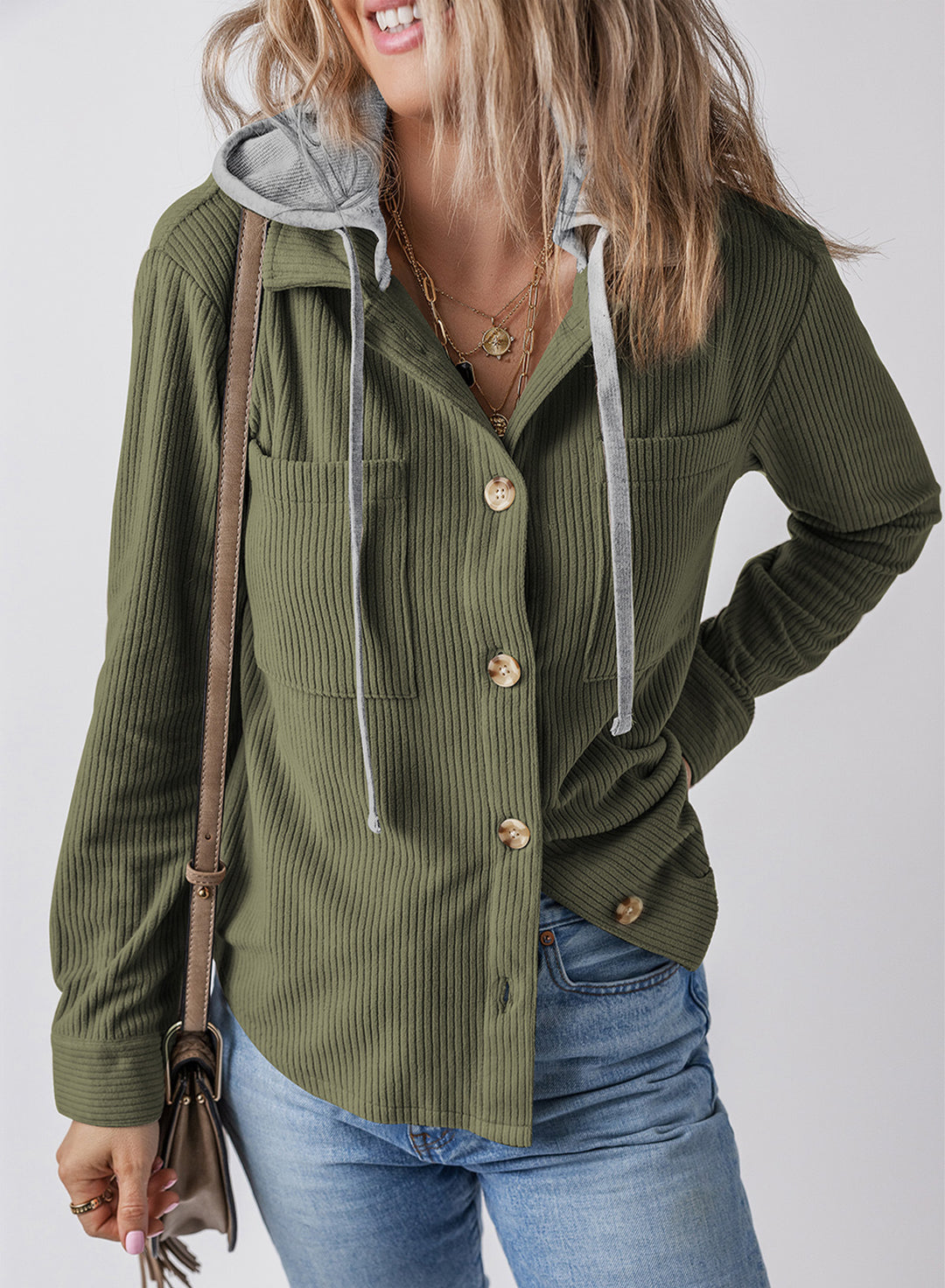 Damen lässige Rippenstruktur Hemdjacke mit Kapuze R&B