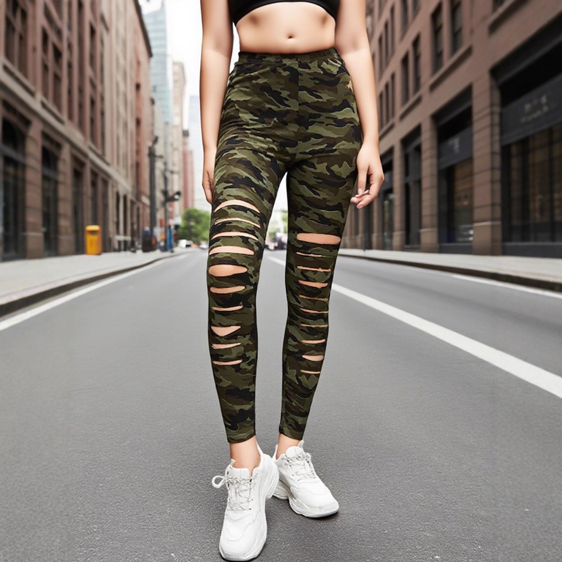 Damen Sportliche Leggings mit modischen Riss-Details