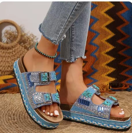 Damen Bequeme Riemensandalen mit Funkelnden Akzenten und Verstellbaren Riemen R&B