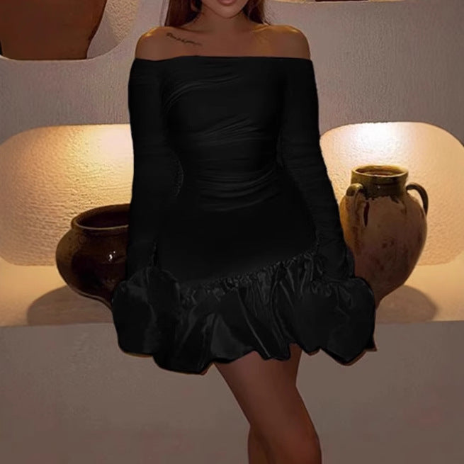 Damen Romantisches Off-Shoulder Minikleid mit Puffärmeln und Rüschensaum R&B