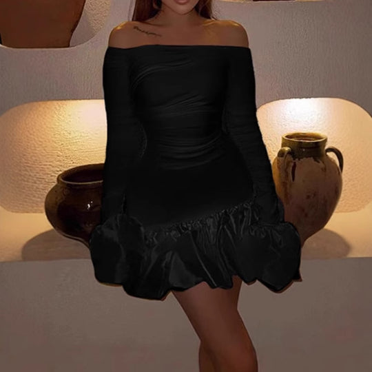Damen Romantisches Off-Shoulder Minikleid mit Puffärmeln und Rüschensaum R&B