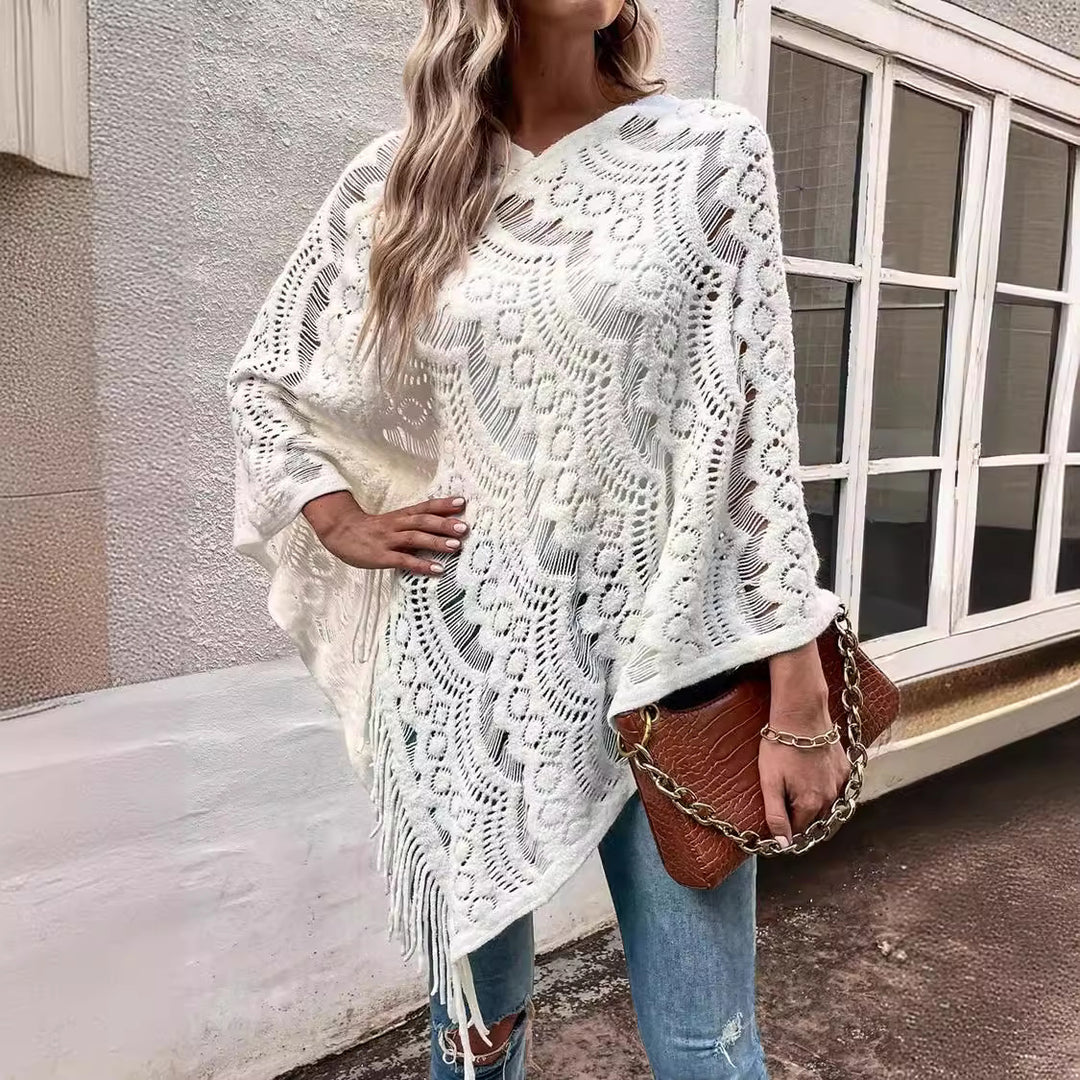 Damen eleganter Poncho mit dekorativem Häkelmuster R&B