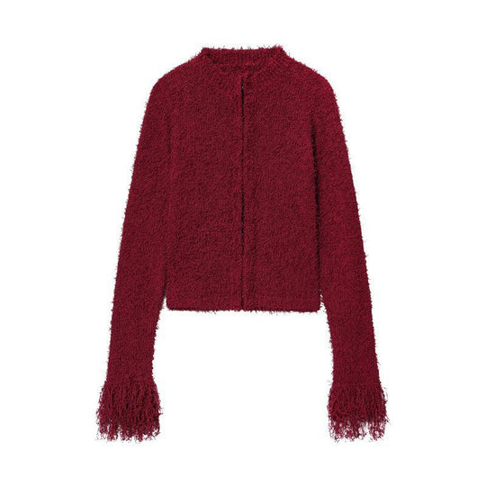 Damen modischer Strickjacke mit fransenärmel und hohem Kragen R&B