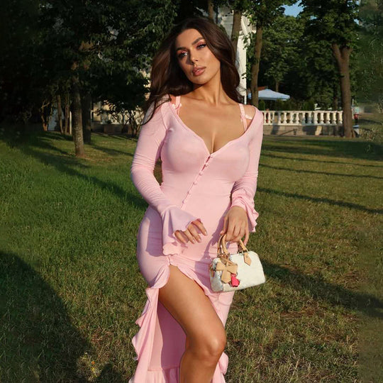 Damen Elegantes Maxikleid mit Rüschen und Knopfleiste R&B