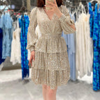 Damen festliches Mini-Kleid mit funkelnden Pailletten und voluminösen Ärmeln R&B