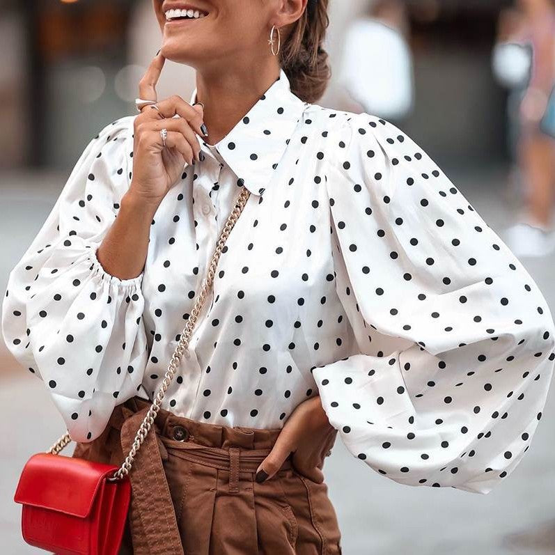 Damen Polka Dot Ballonärmel Bluse R&B