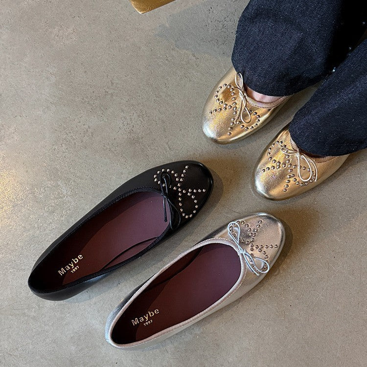 Damen Ballerinas mit schimmerndem Metallic-Obermaterial und Zierperlen R&B