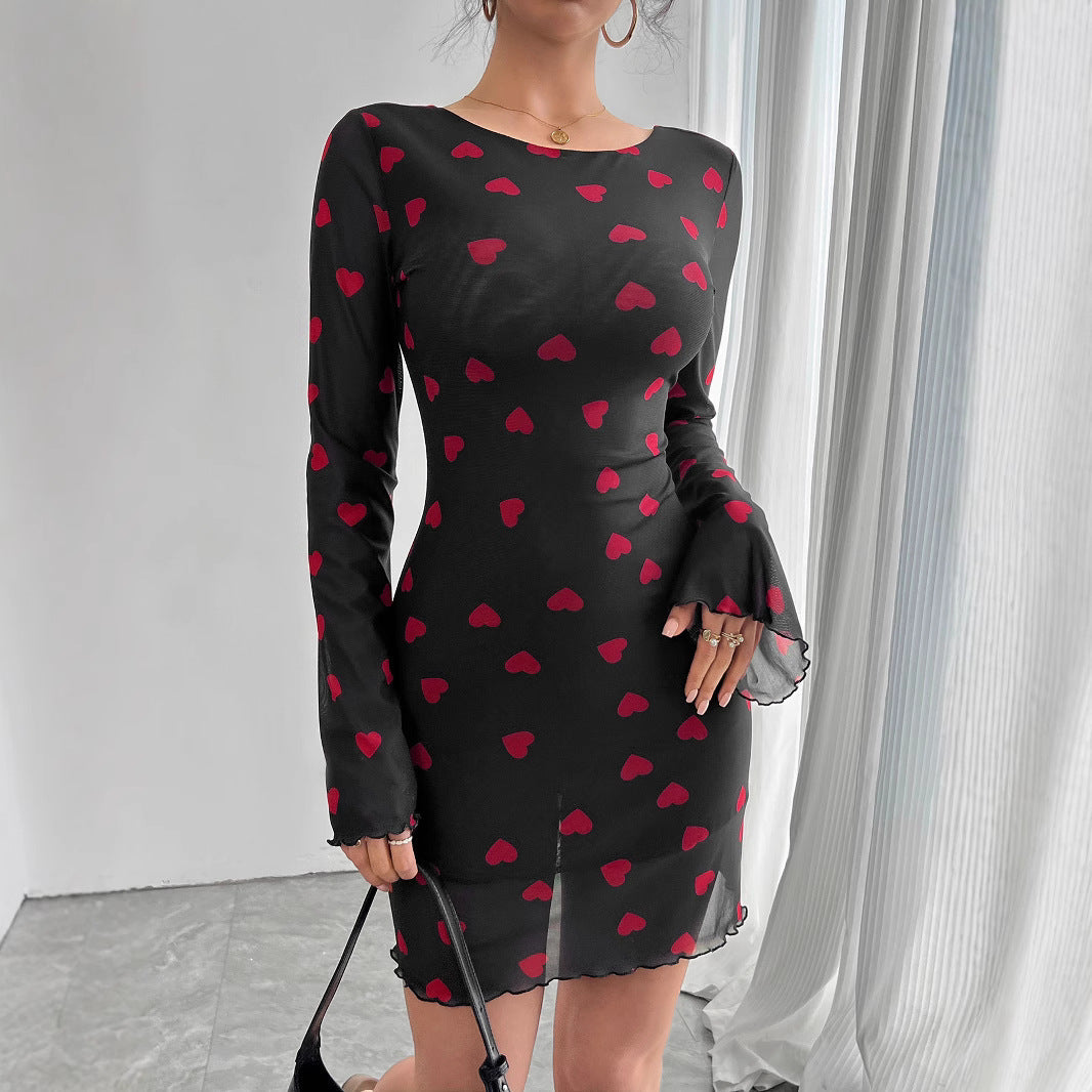 Damen Minikleid mit romantischem Herzmuster und langen Ärmeln R&B