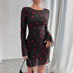 Damen nan figurbetontes Mini-Kleid aus feinem Netzstoff mit Herzmuster und Trompetenärmeln R&B