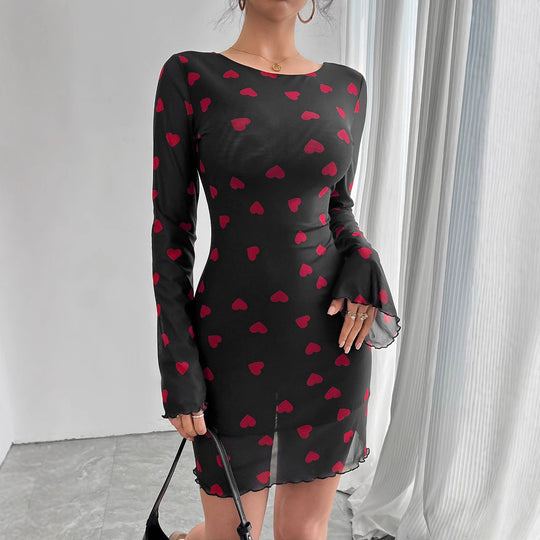 Damen nan figurbetontes Mini-Kleid aus feinem Netzstoff mit Herzmuster und Trompetenärmeln R&B