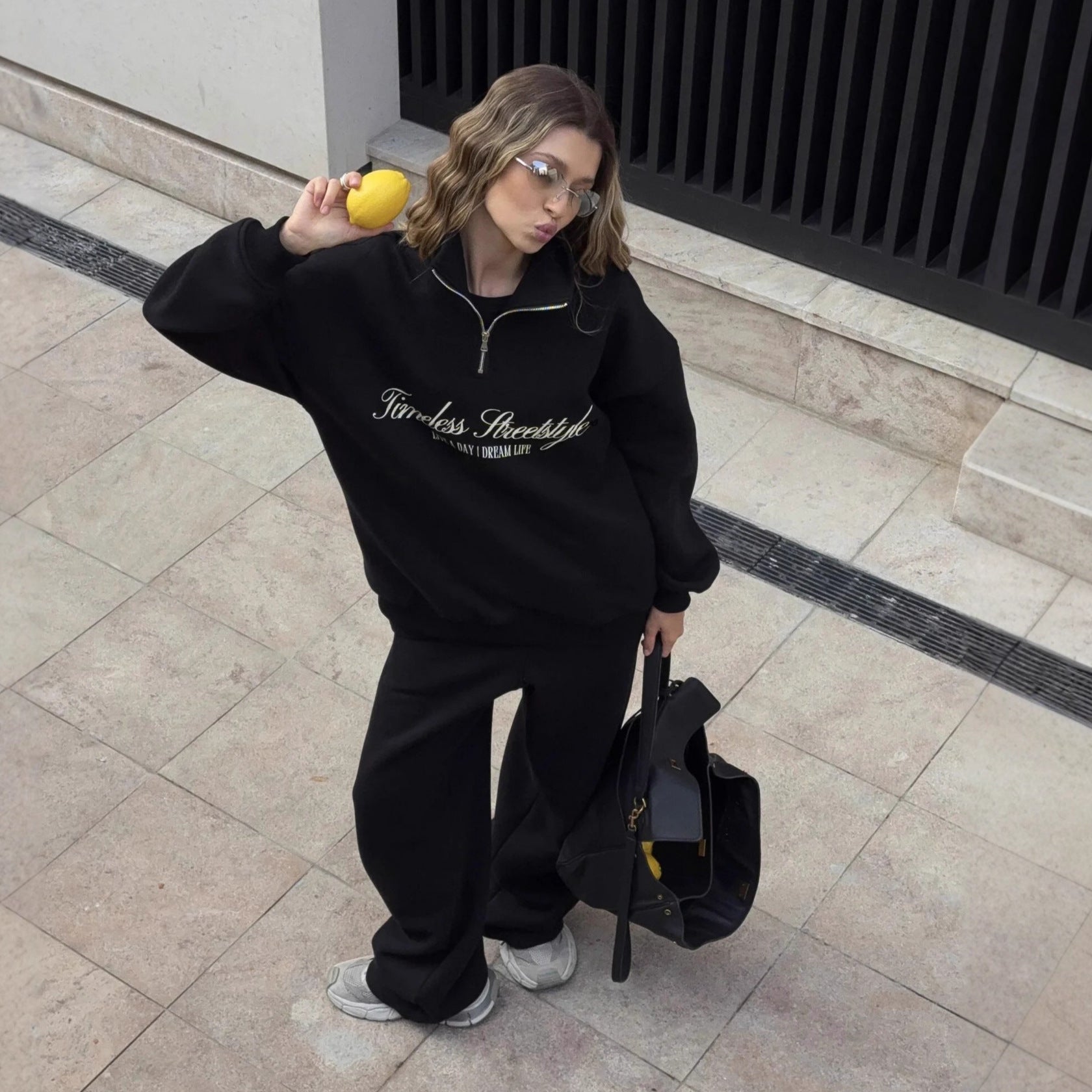 Damen nan oversized Halbzip-Sweatshirt mit hohem Stehkragen und Statement-Print R&B