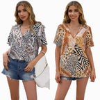 Damen Kurzarm Blusenshirt mit kreativem Tiermuster und V-Ausschnitt R&B