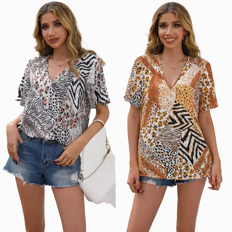 Damen Kurzarm Blusenshirt mit kreativem Tiermuster und V-Ausschnitt R&B