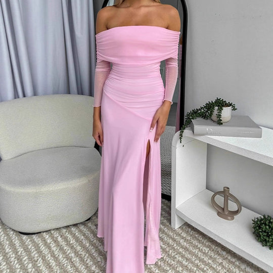 Damen Schickes Maxikleid mit schulterfreiem Design und seitlichem Schlitz R&B
